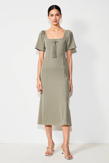 Grey Square Neck Satin Midi Wedding Guest Dress with Short Sleeves